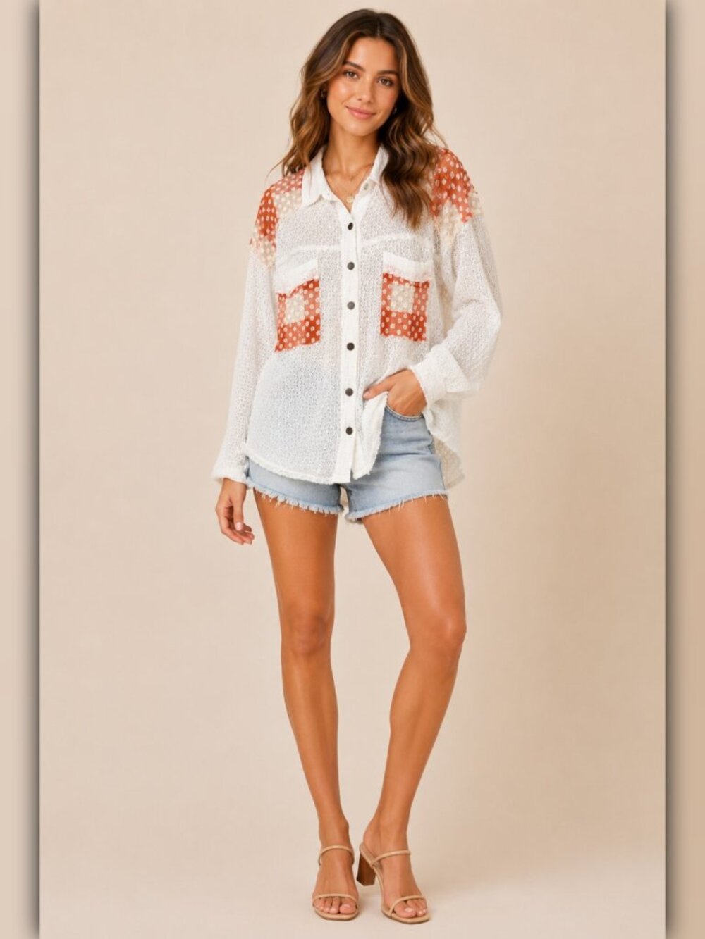 A153 • Mixed Print Lace Button-Up Blouse